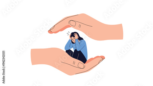 Small, distressed woman curled up and crying within two large, comforting hands, symbolizing protection, emotional support, and mental health care.