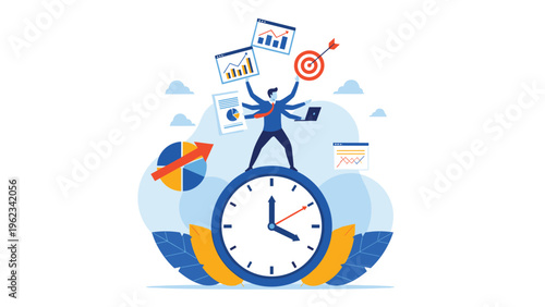 Busy multitasking businessman standing on a large clock, efficiently managing multiple reports, a laptop, and a target, symbolizing productivity and time management.