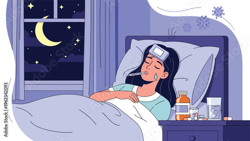 Young woman lying in bed at night with a thermometer in her mouth and a fever patch, surrounded by medicines, indicating severe illness or flu.