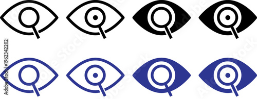 Eye with Magnifying Glass Icon Set: Vision and Search Symbols for Visual Inspection and Observation