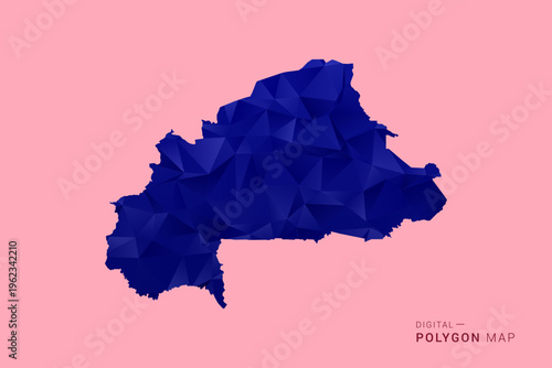 Burkina Faso Map - Low poly polygon map in deep blue gradient on soft pink pastel background, modern minimal geometric design, clean digital vector illustration.