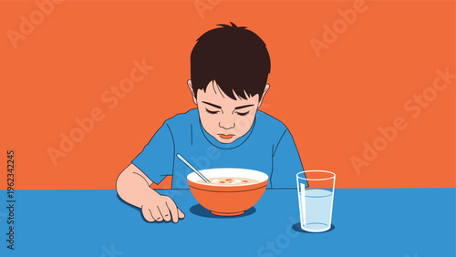 Young boy looking down sadly at a bowl of cereal or soup with a spoon, possibly indicating a loss of appetite, picky eating, or feeding problems.