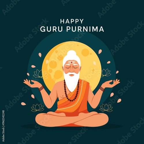 Guru Purnima: Meditating Sage in Orange Robes Under Full Moon