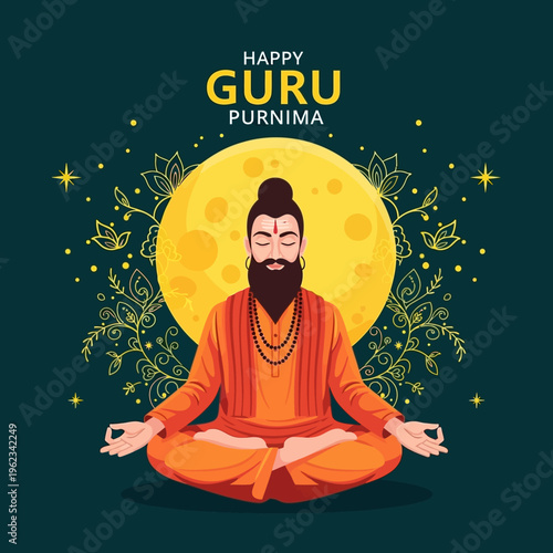 Guru Purnima: Meditating Guru with Full Moon and Floral Ornaments