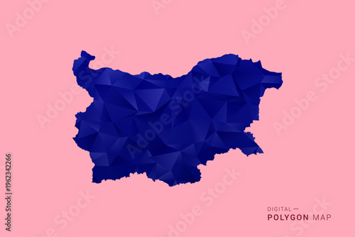Bulgaria Map - Low poly polygon map in deep blue gradient on soft pink pastel background, modern minimal geometric design, clean digital vector illustration.