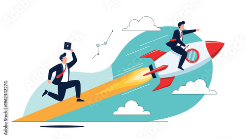 Ambitious businessman riding a fast-flying rocket towards success, while another businessman runs along a path below, illustrating competition and rapid growth.
