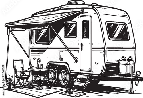  a caravan trailer with sitting arrangements outside