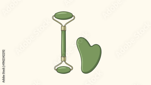 Natural green jade roller and a gua sha massage tool, commonly used for facial massage, skincare routines, and promoting relaxation and lymphatic drainage.