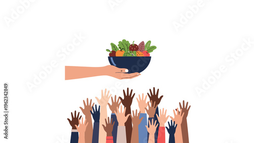 Generous hand offering a bowl of fresh fruits and vegetables to many eager, outstretched hands, symbolizing food donation, charity, and healthy eating initiatives.