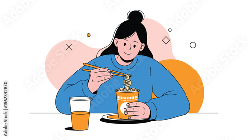 Young happy woman eating instant noodles with chopsticks from a cup, with a drink beside her, illustrating a quick and simple meal solution.