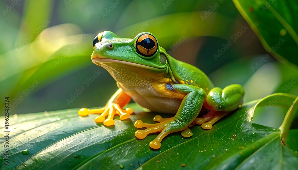 Obraz premium Green frog on a leaf closeup.