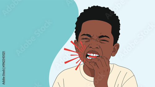 Young boy with a dark skin tone grimacing and clutching his jaw, with red pain lines radiating from his mouth, indicating a severe toothache or dental pain.