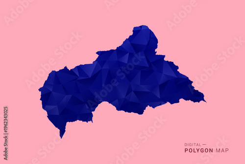 Central African Republic Map - Low poly polygon map in deep blue gradient on soft pink pastel background, modern minimal geometric design, clean digital vector illustration.