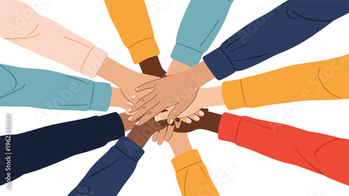 Diverse group of hands with various skin tones stacked together in a circle, symbolizing unity, teamwork, diversity, and global collaboration among people.