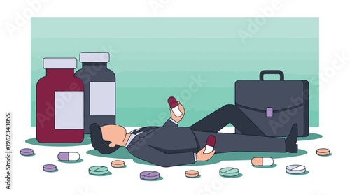 Businessman suffering from stress, surrounded by pills and medication