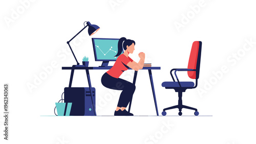 Woman performing squats in a modern office setting next to her desk and computer, symbolizing workplace fitness, active breaks, and healthy office habits.