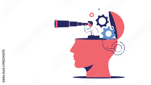 Businessman with a telescope and gears inside a giant human head, symbolizing strategic vision, foresight, mental exploration, and innovative thinking.