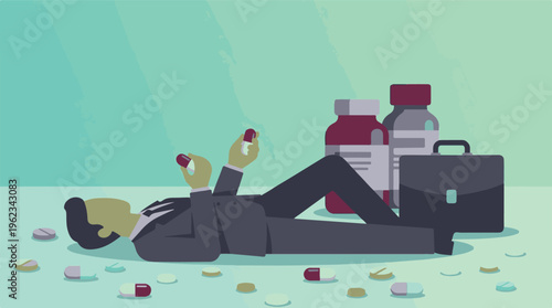 Businessman lying on floor with pills, concept of work stress and addiction