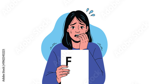 Scared woman holding a paper with a large "F" grade, symbolizing academic failure, exam stress, poor performance, or educational disappointment.