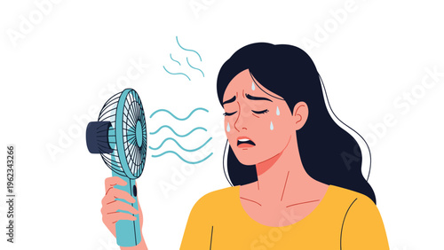 Woman sweating and holding a small fan to her face, seeking relief from extreme heat, hot weather, or experiencing menopause symptoms like hot flashes.