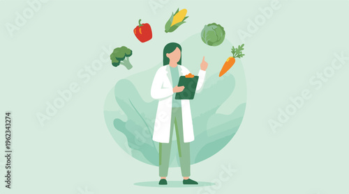 Nutritionist advising on healthy eating with fresh vegetables and clipboard