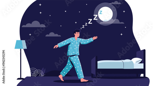 Man sleepwalking in his pajamas at night, drifting unconsciously towards his bed with ZZZ symbols above his head under a full moon, indicating a sleep disorder.
