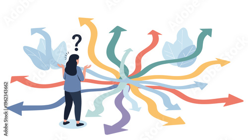 Confused woman standing in front of numerous diverging arrows with a question mark above her head, symbolizing complex choices, uncertain decision-making, or life path dilemmas.