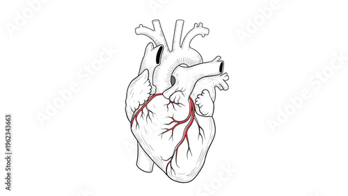 Detailed anatomical drawing of a human heart, highlighting the coronary arteries in red, essential for understanding cardiovascular health and disease.