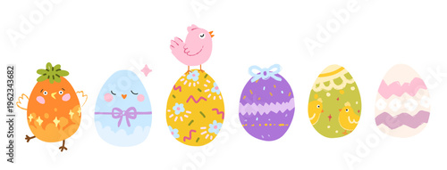 colorful easter eggs row cartoon flat vector illustration