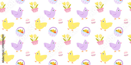 seamless easter pattern with chickens and eggs cute vector