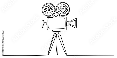 Minimalist one line art illustration of a classic cinema video camera standing on a tripod