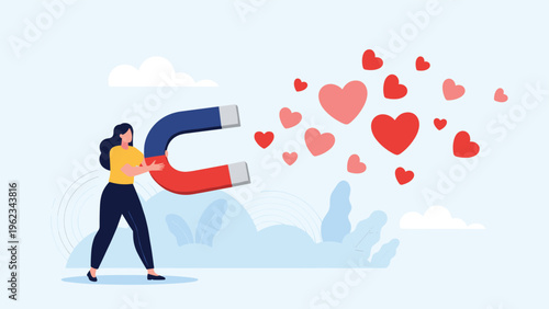 Empowered woman using a large magnet to attract numerous floating red hearts, symbolizing love, positive energy, social influence, or customer attraction in business.