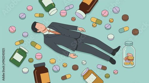 Unconscious man in suit surrounded by scattered pills and medicine bottles