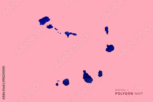 Cabo Verde Map - Low poly polygon map in deep blue gradient on soft pink pastel background, modern minimal geometric design, clean digital vector illustration.
