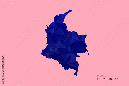 Colombia Map - Low poly polygon map in deep blue gradient on soft pink pastel background, modern minimal geometric design, clean digital vector illustration.