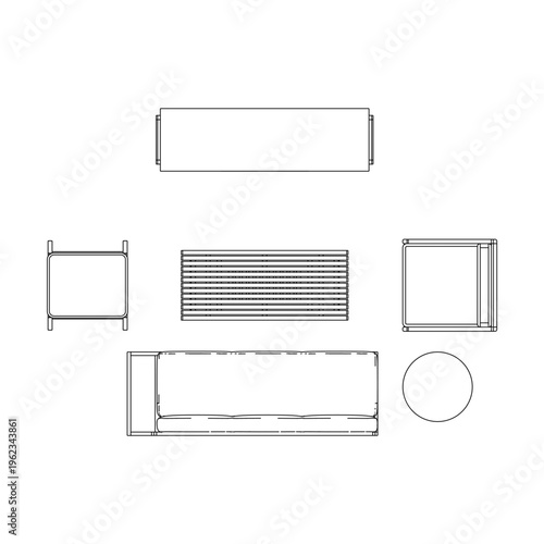Top view outline of a living room set with TV cabinet, side table, 3 seater sofa, single seater sofa, coffee table, and stool showing precise furniture layout.