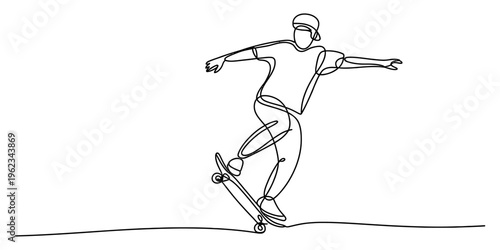 Continuous one line drawing of a young man performing a trick on a skateboard.