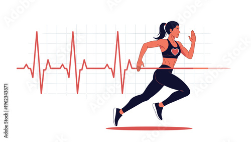 Athletic woman running with a heart-shaped icon on her sports bra, accompanied by a heartbeat line graph, symbolizing cardiovascular health, fitness, and endurance.