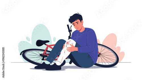Sad man sitting on the ground next to his fallen bicycle, clutching his injured, bleeding knee, symbolizing a painful accident or sports injury.
