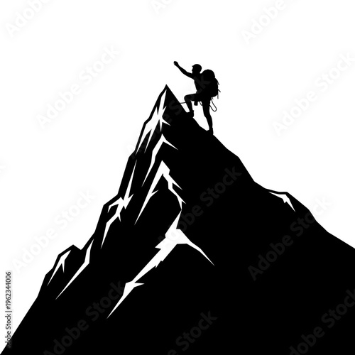 man climbing mountain peak, triumphant silhouette