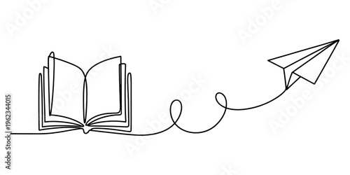 Minimalist continuous line art of an open book connected to a flying paper plane illustration.