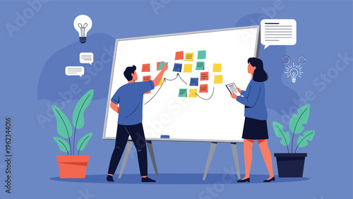 Two individuals brainstorming creative ideas with sticky notes on a large whiteboard, surrounded by lightbulbs and speech bubbles, symbolizing teamwork and project planning.
