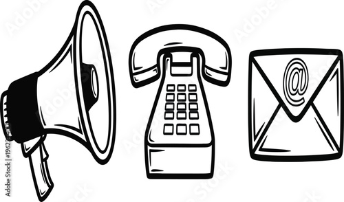 Communication tools icons megaphone phone envelope