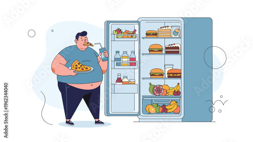 Overweight man eating pizza and drinking soda in front of an open refrigerator filled with both unhealthy and healthy food, symbolizing unhealthy eating habits and obesity.