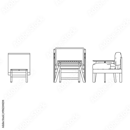 Side view outline of a living room set including TV cabinet, side table, 3 seater sofa, single seater sofa, coffee table, and stool emphasizing furniture profile.