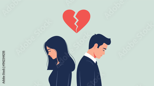 Man and woman standing back-to-back with a broken red heart symbol above them, clearly symbolizing a breakup, divorce, or the end of a relationship.