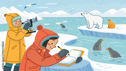 Cartoon researchers studying arctic animals with polar bears seals and penguins in icy landscape with snowy mountains