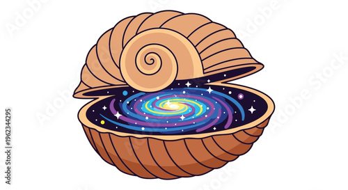 A vibrant cartoon illustration of a snail shell revealing a colorful galaxy with swirling purple, blue, and yellow hues.