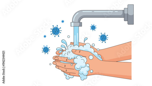 Human hands thoroughly washing with soap and water under a faucet, surrounded by virus particles, symbolizing essential hygiene and germ prevention for health safety.