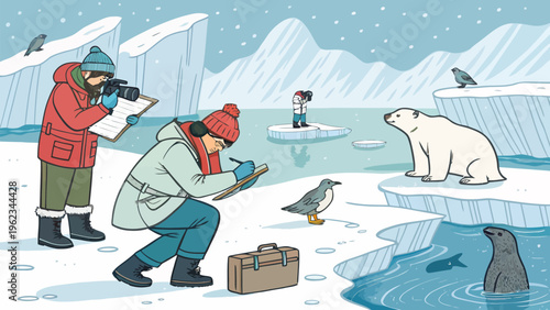 Cartoon researchers studying arctic animals in snowy landscape with polar bear and penguins